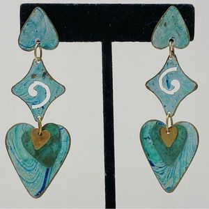 Vintage Handmade Cutout Teal Metal Geometric Heart Swirl Long Drop Earrings